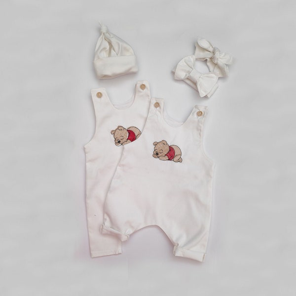 Baby Pooh. Natural 100% cotton baby clothes, romper, hat, headband. White. White soft linen. Baby outfit.