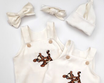 headband Romper Natural Linen hat. Pooh and Tigger Baby Clothes