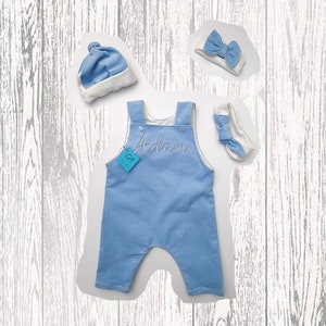 Personalised Custom. Natural baby clothes, romper, hat, headband. Blue. 100% Cotton. Baby outfit. Perfect gift with a plushy and gift box