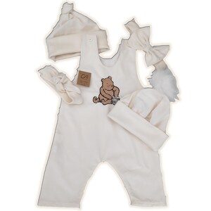 Classic Pooh. Natural Baby Clothes, Romper, Hat, Headband. Soft Cotton Cord. Baby Outfit. Perfect gift with a plushy and gift box