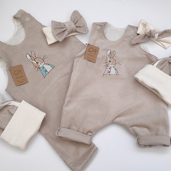 Peter Rabbit. Natural baby clothes, romper, hat. Beige. 100% Cotton Soft Cord. Baby outfit.