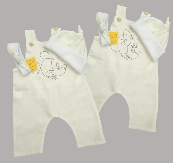 Minnie or Mickey White Natural Linen Baby Clothes, Romper