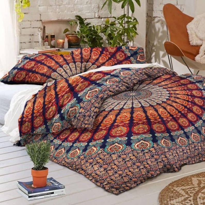 Indian Doona Mandala Hippie Bohemian Queen Quilt Two pillow Cover Duvet Blanket