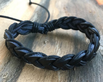 Black Leather Bracelet for men, Men's Jewelry Gift, Handmade leather Bracelet, Braided Bracelet Charm, Plait Christmas gift Father's day