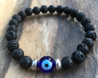 Black Lava Stone or Glass Evil Eye Bracelet for men, Men's Jewelry Gift, Handmade Natural Stone Bracelet, Evil Eye Bead,Father's day gift