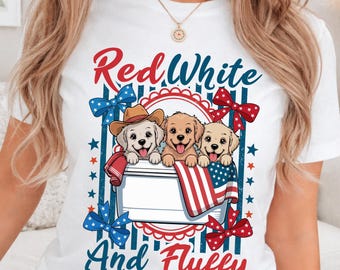 Red White Fluffy Puppies Shirt, Patriotic Dog Lover Tee, 4th of July Woman Outfit