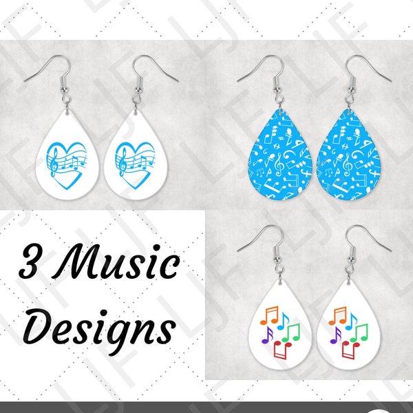 3 Musical Teardrop Earring Sublimation Design Bundle - Music Heart Earrings - Musical Note Earrings - Musical Notations Background Earrings