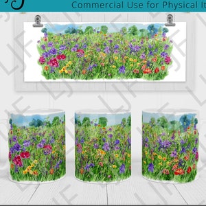 Watercolor Wildflower Field Illustration Mug Design Sublimation - Mug Template 12 oz 15 oz - Watercolor Wildflower Ripped Edge Mug Wrap PNG