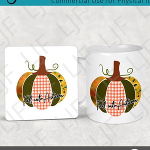 2 Patchwork Pumpkin Mug and Coaster Designs for Sublimation - Mug Template 12oz and 15 oz - 4&quot; Coaster Templates - Matching Mug and Coasters
