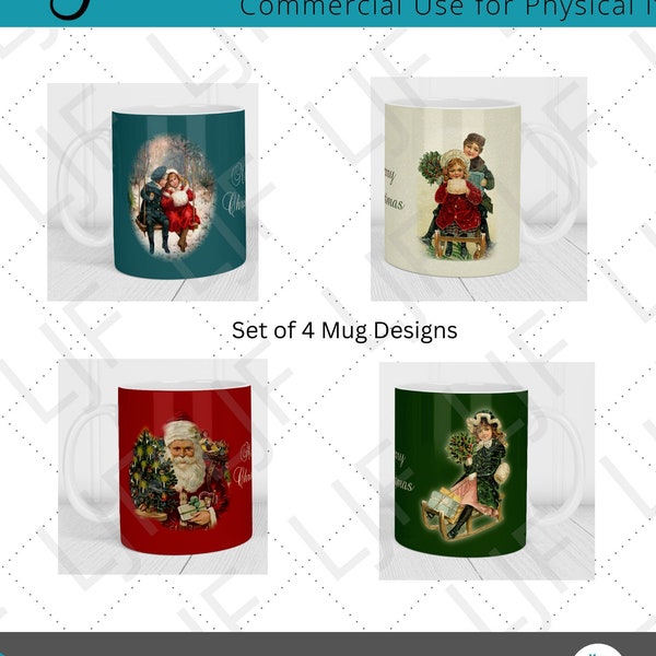 4 Vintage Victorian Christmas Mug Design Bundle for Sublimation - Mug Template 12 oz and 15 oz - Vintage Santa, Sled, Swing and Kids Designs