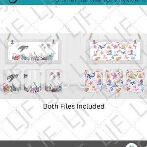 May include: Two sublimation designs featuring a watercolour style ocean scene. One design features a turtle, coral, and jellyfish. The other design features a dolphin, starfish, and seashells. Both designs are displayed on mugs and a sign.