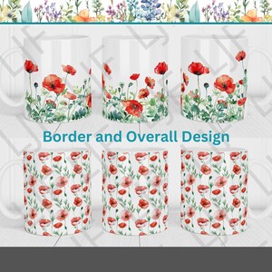 Aquarell rote Mohnblumen-Blumengarten-Becher-Design für Sublimation, Becher-Vorlage 12 und 15 Unzen, Rand und Overall PNG, Mohnblumen-Verpackung