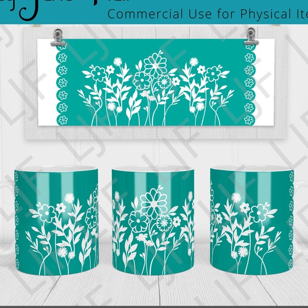 Design di tazza per foglio di inchiostro infusibile - Modello fiori di campo disegnati a mano 12 oz e 15 oz - Design di tazza con inchiostro infusibile - Involucro per tazza con fiori di campo disegnati