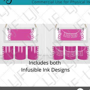 May include: Two designs for sublimation mugs, one with a blank banner and the other with a banner that says "LOVE" hanging from a clothesline with hearts. Both designs are on a pink background.