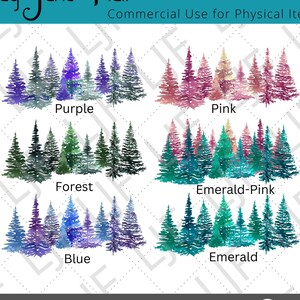 Puede incluir: Cinco variaciones de color diferentes de una escena de bosque de acuarela con pinos. Los colores son morado, rosa, verde bosque, verde esmeralda y azul.