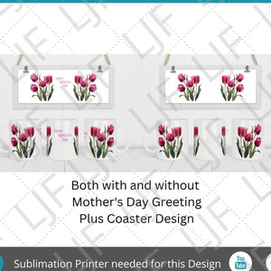 Aquarell Tulpen Tasse und Untersetzer Designs für Sublimation - Tasse 12 Unzen und 15 Unzen - Wahl des Muttertagstextes oder kein Text - Rosa Tulpen PNG