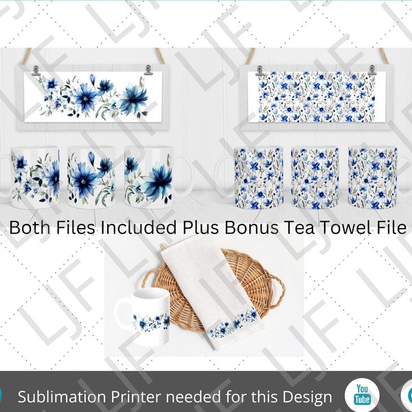 Blue Flower Mug Designs for Sublimation - Mug Template 12oz and 15oz - Blue Flower Border PNG - Blue Flower Background - Bonus Tea Towel PNG