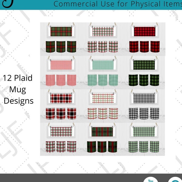 12 Plaid Mug Designs Bundle for Sublimation - Mug Template 12oz and 15 oz - Mug Press Sublimation Plaid designs - 12 Plaid Sublimation PNGs