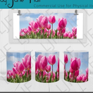 Tulip Garden Mok Ontwerp voor Sublimatie - Mok Sjabloon 12 oz en 15 oz - Floral Tulip Garden PNG - Tulip Floral Garden PNG Mok Wrap