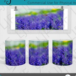 Beautiful Blue Sage Wildflowers with Dragonfly Art Mug Design for Sublimation - Mug Template 12 oz and 15 oz - Dragonfly and Blue Sage Field