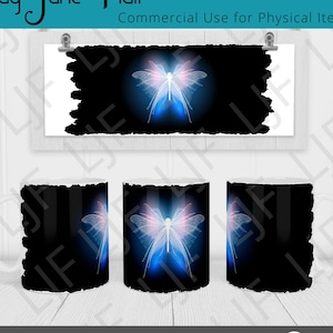 May include: A sublimation design featuring a glowing blue butterfly on a black background. The design is suitable for use on mugs, t-shirts, and other items.