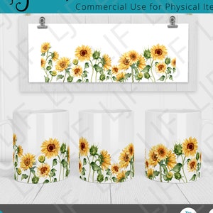 Conception de tasse bordée de tournesol aquarelle pour sublimation - modèle de tasse 12 oz et 15 oz - bordure de tournesol PNG - enveloppe de tasse de tournesol aquarelle