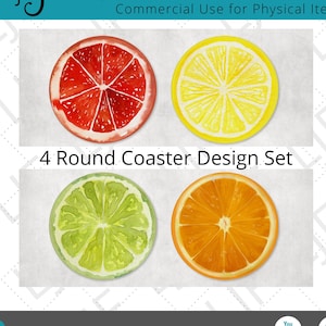 Citrusvruchten ronde onderzetter ontwerpen voor sublimatie - 4" ronde onderzettersjabloon - grapefruitschijfje - sinaasappelschijfje - limoenschijfje - schijfje citroen