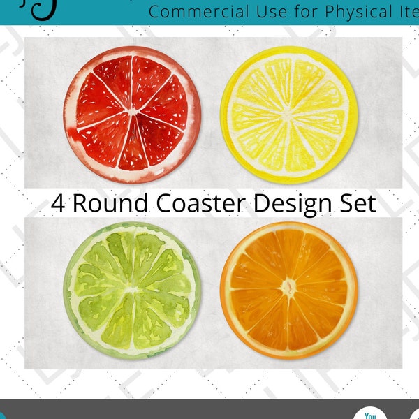 Citrus Fruit Round Coaster Designs for Sublimation - 4" Round  Coaster Template - Grapefruit Slice - Orange Slice - Lime Slice - Lemon Slice