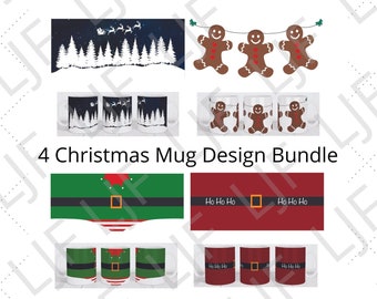 May include: A Christmas-themed design bundle featuring various elements. Includes designs for mugs with Santa's belt, gingerbread men, and winter scenes with reindeer. The text reads "4 Christmas Mug Design Bundle."