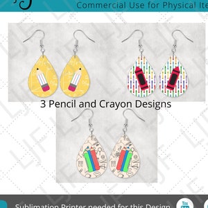 Teardrop Earring PNG Design Bundle - Pencil Earrings - Color Pencil Earrings - Crayon Earrings Choices - 3 Digital PNG Sublimation Designs