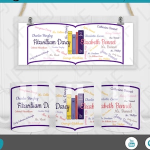 Mug Design for Sublimation - Pride and Prejudice - Mug Template 12 oz and 15 oz - Mug Press Sublimation Pride and Prejudice Wrap - J Austen