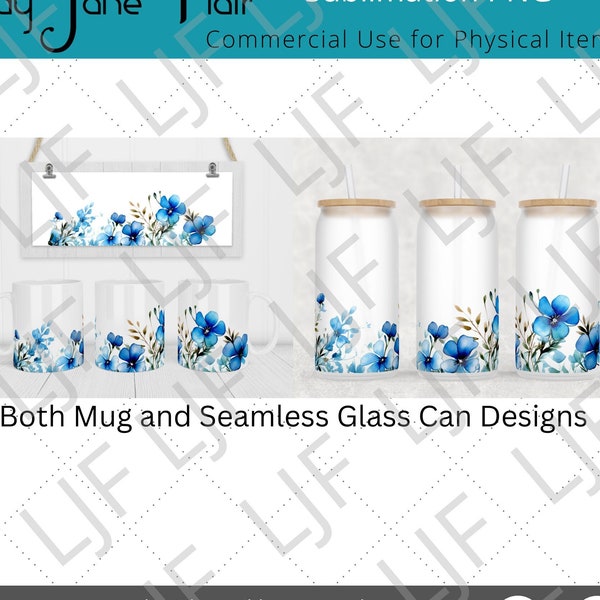 Blue Watercolor Border Mug and Glass Can Designs for Sublimation - Mug Template 12 oz and 15 oz - Seamless Glass Can Template 16oz - Digital