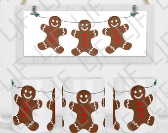 May include: Three gingerbread men with red hearts and white icing are strung together with green holly and red berries on a white background. The image is for sublimation printing.