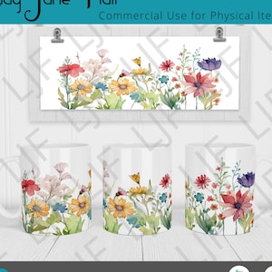 Sweet Watercolor Flower Garden Mug Design for Sublimation - Mug Template 12 oz and 15 oz - Mixed Flowers PNG - Watercolor Flower Mug Wrap