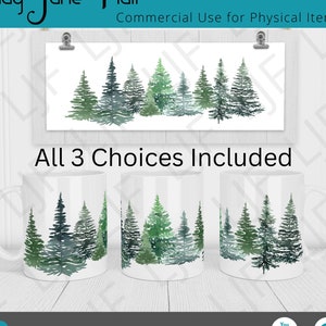 Watercolor Snowy Pine Forest Designs for Sublimation - Mug Template 12 oz and 15 oz - 3 Choices - No words, Merry Christmas and Bible Verse