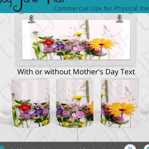 Wildflower Collection Sublimatie Mok Ontwerp - Mok Sjabloon 12 oz en 15 oz - Met of zonder Moederdag Tekst - Wildflowers PNG Wrap