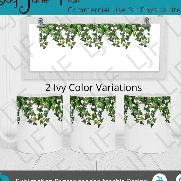 Watercolor Hanging Ivy Mug Designs for Sublimation - Mug Template 12 oz and 15 oz - Green and Green and Blue Hanging Ivy Choices - Mug Wraps