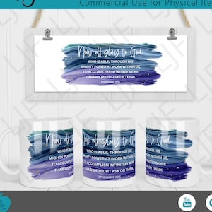 Könnte beinhalten: Eine weiße Tasse mit einem blauen und violetten Aquarelldesign und goldenen Glitzerakzenten. Die Tasse zeigt den Text "Now all glory to God. Who is able, through his mighty power at work within us, to accomplish infinitely more than we might ask or think. Ephesians 3:20".