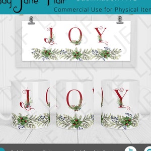 Diseño de taza Joy para sublimación - Acuarela Joy and Holly - Plantilla de taza 12 oz y 15 oz - Descarga de diseño digital de sublimación de prensa de taza