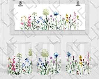Diseño de sublimación digital de jardín de flores silvestres de acuarela - PNG transparente para tazas, toallas de mano, caminos de mesa y más - Diseño de bordes