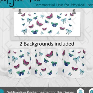 Mok ontwerp voor sublimatie - kleurrijke vlinders met 2 achtergronden - Mok Sjabloon 12 oz en 15 oz - Vlinders Sublimatie Wrap