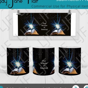 Design de caneca Wonder of Reading para sublimação - modelo de caneca de 12 onças e 15 onças - livro fantasia PNG - letras extravagantes e explosivas embrulho de caneca de livro