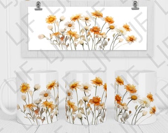 Mug marguerite aquarelle – Modèle pour sublimation, 12 oz et 15 oz (PNG)