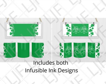 Può includere: Due design per tazze da sublimazione con un motivo a trifoglio verde. Un design presenta il testo "Buon San Patrizio" e l'altro è un design verde pieno. Entrambi i design sono adatti per l'uso con inchiostro infusibile.