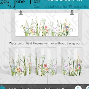 Watercolor Field Flowers Mug Design for Sublimation - Mug Template 12 oz and 15 oz - With or Without Lattice Background - Digital Download