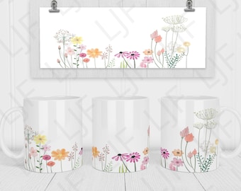 Diseño de taza de jardín de flores silvestres dibujadas para sublimación - Plantilla de taza 12 oz y 15 oz - Jardín floral PNG - Envoltura de taza PNG de jardín de flores silvestres