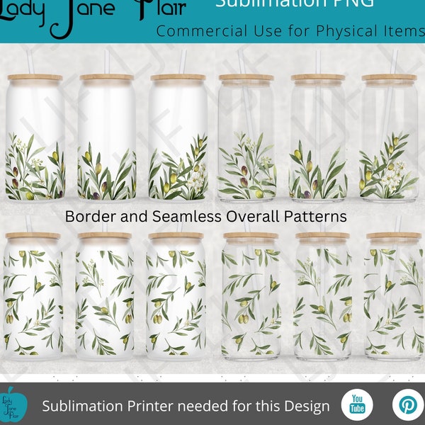 Watercolor Olive Branches 16 oz Glass Can Tumbler Sublimation Designs, Olive Branch Border and Overall Seamless Design