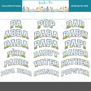 Paquete de marcos de Canva: 18 marcos de letras para papá, nombres de papá con estilo universitario, plantillas de Canva, descarga en PDF