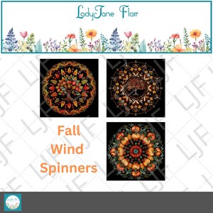 Op de afbeelding: Vier herfstthema mandala-ontwerpen op een zwarte achtergrond. De ontwerpen bevatten een boom, pompoenen en bladeren in tinten oranje, bruin en rood. De tekst "Fall Wind Spinners" staat in oranje onder de ontwerpen.
