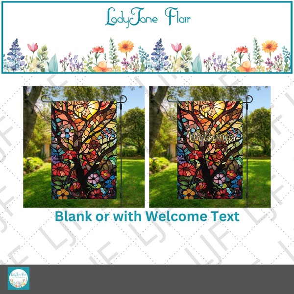 12x18 Sunlit Stained Glass Garden Flag Sublimation Design, Colorful Faux Glass Art Flowers, Welcome, Digital Download PNG